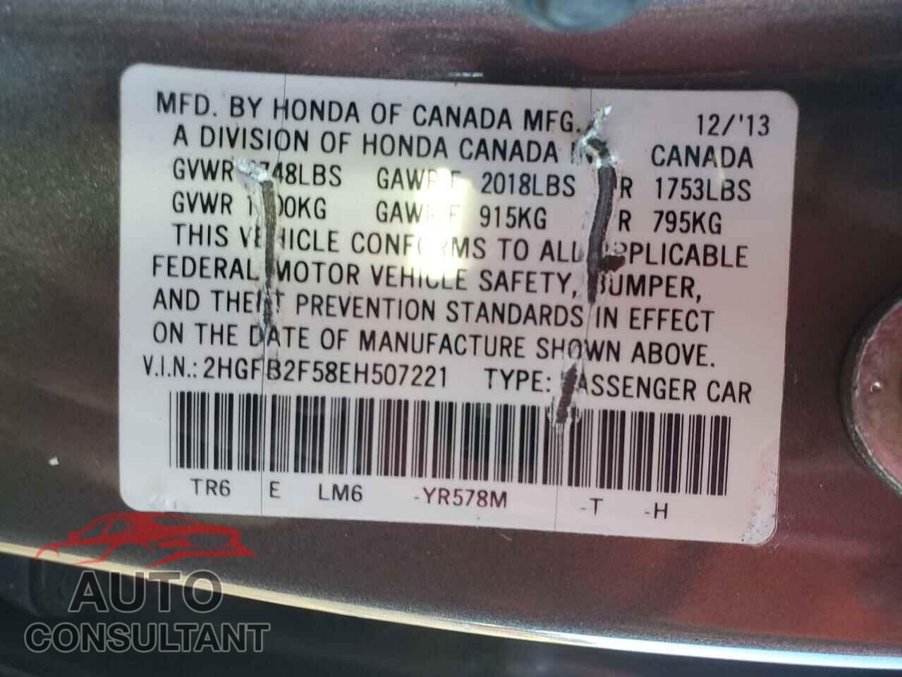 HONDA CIVIC 2014 - 2HGFB2F58EH507221