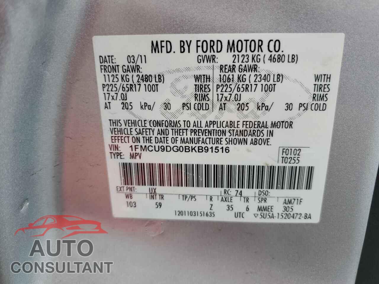 FORD ESCAPE 2011 - 1FMCU9DG0BKB91516