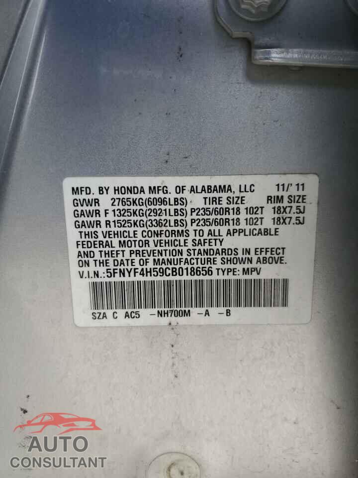 HONDA PILOT 2012 - 5FNYF4H59CB018656
