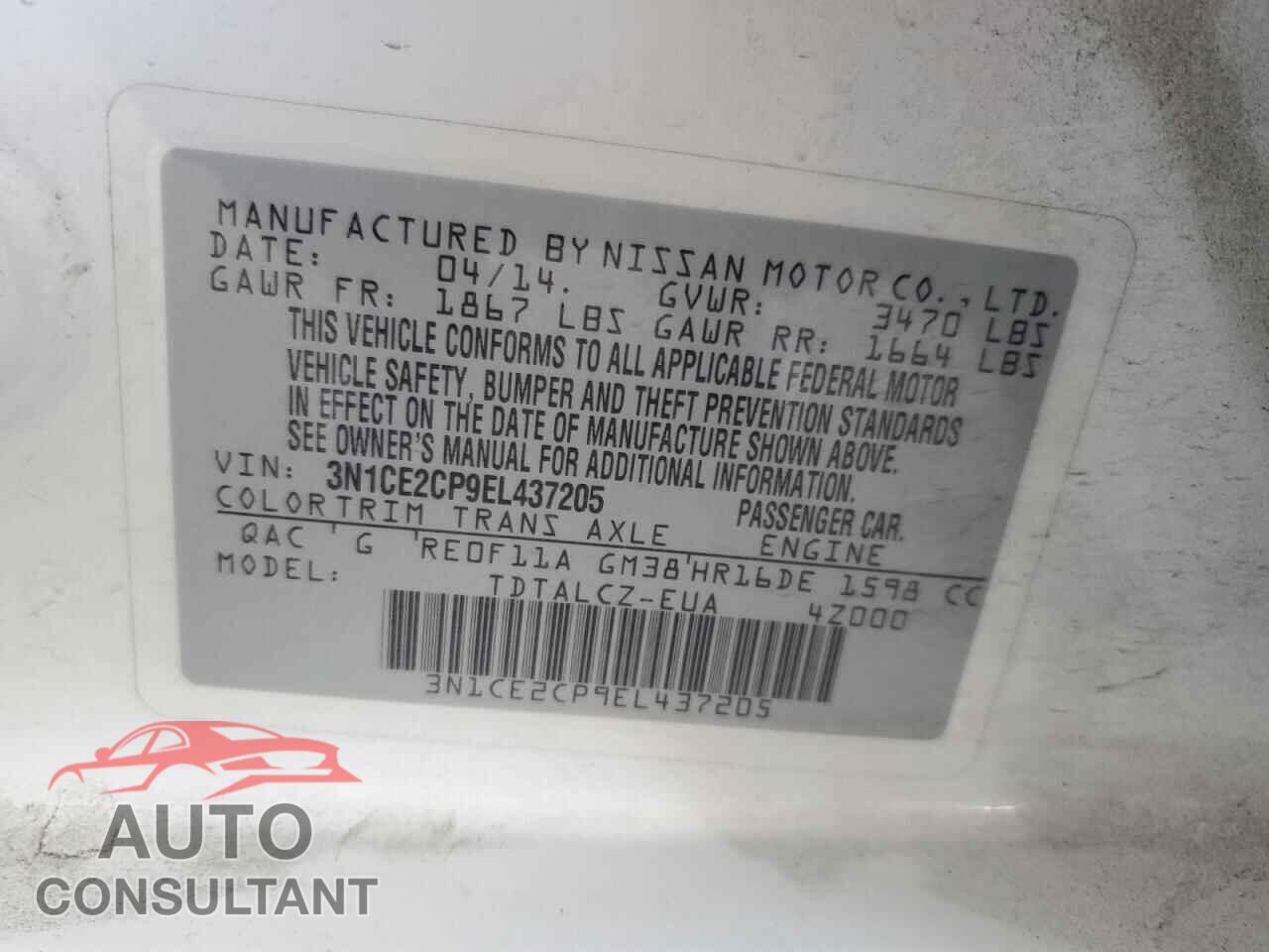 NISSAN VERSA 2014 - 3N1CE2CP9EL437205