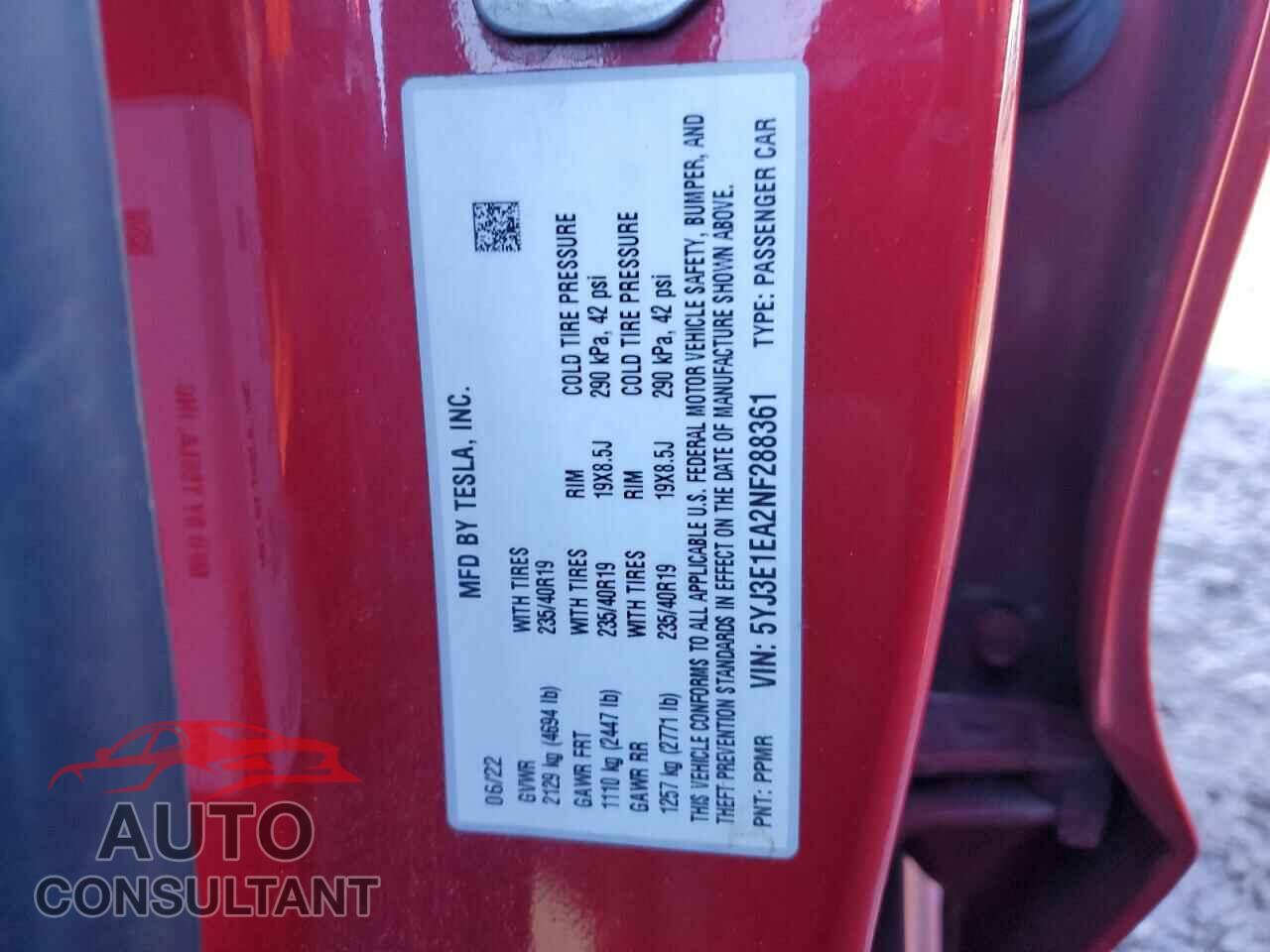 TESLA MODEL 3 2022 - 5YJ3E1EA2NF288361