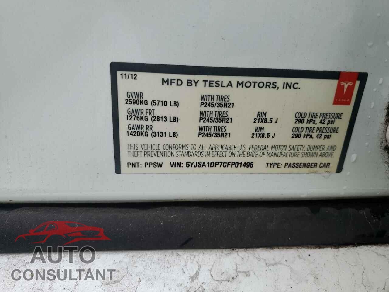 TESLA MODEL S 2012 - 5YJSA1DP7CFP01496