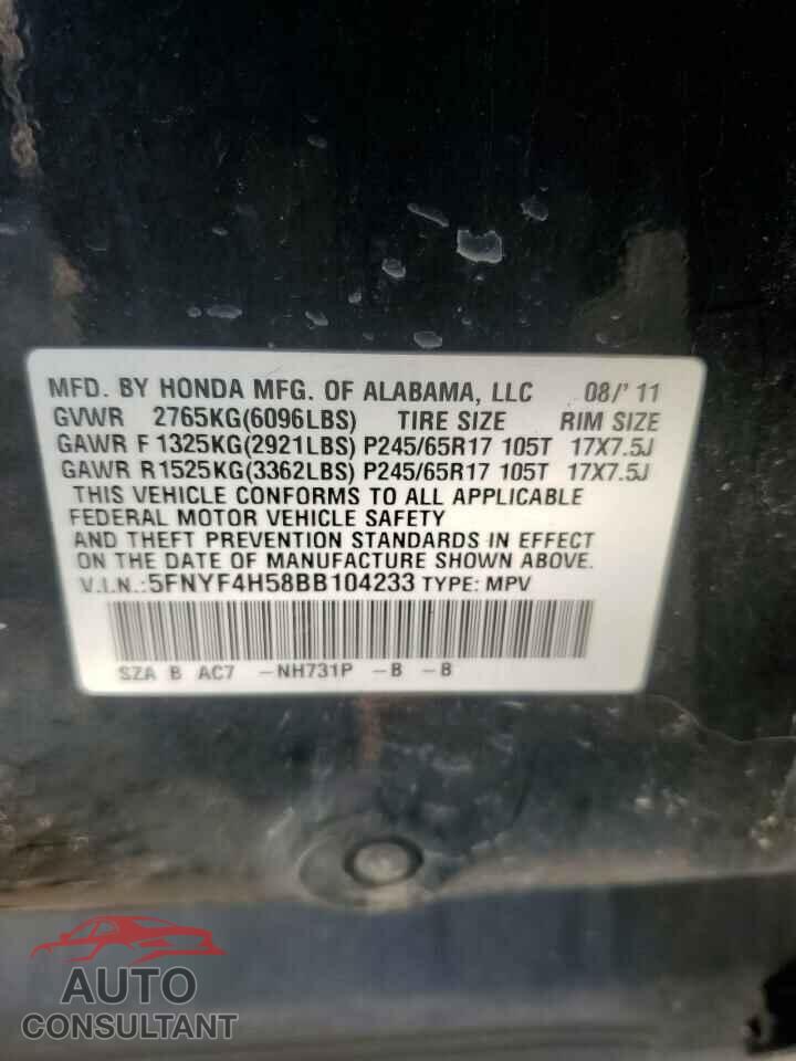 HONDA PILOT 2011 - 5FNYF4H58BB104233