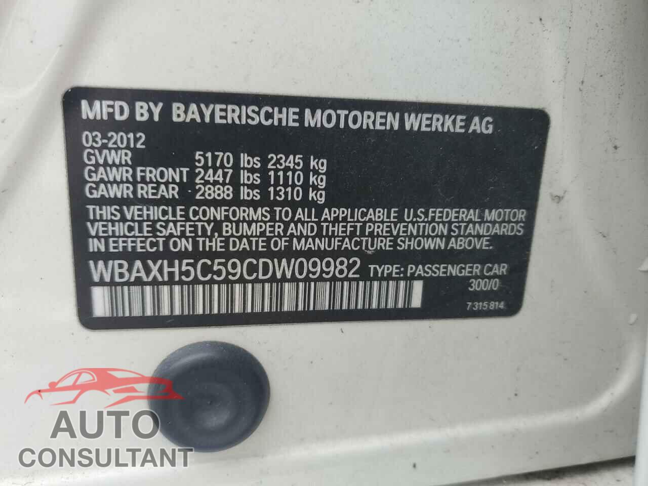 BMW 5 SERIES 2012 - WBAXH5C59CDW09982