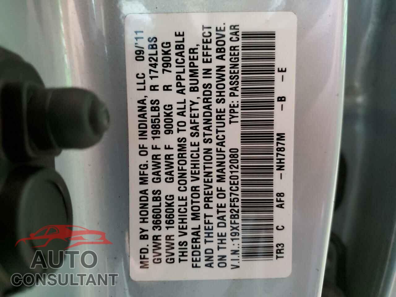 HONDA CIVIC 2012 - 19XFB2F57CE012080