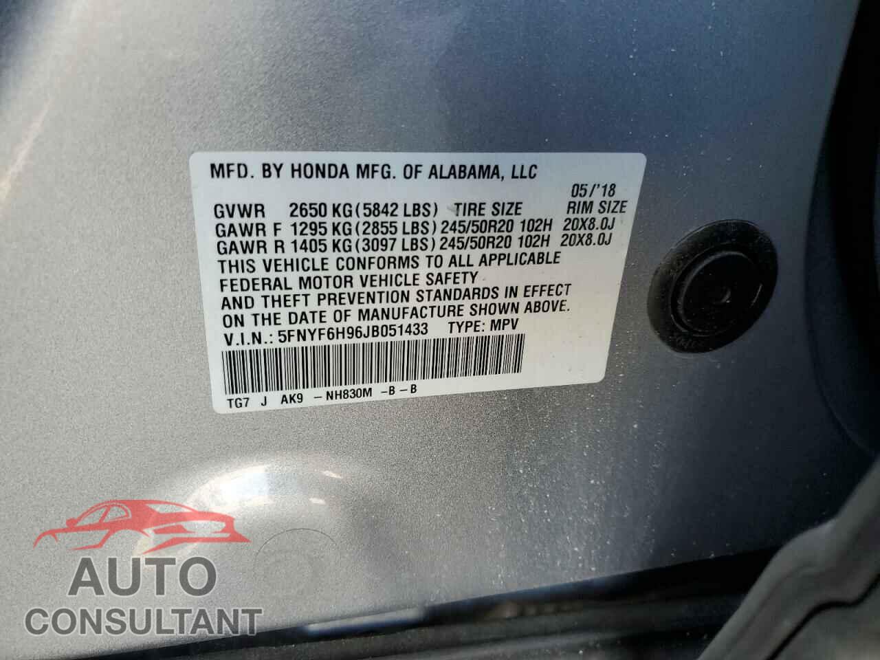 HONDA PILOT 2018 - 5FNYF6H96JB051433