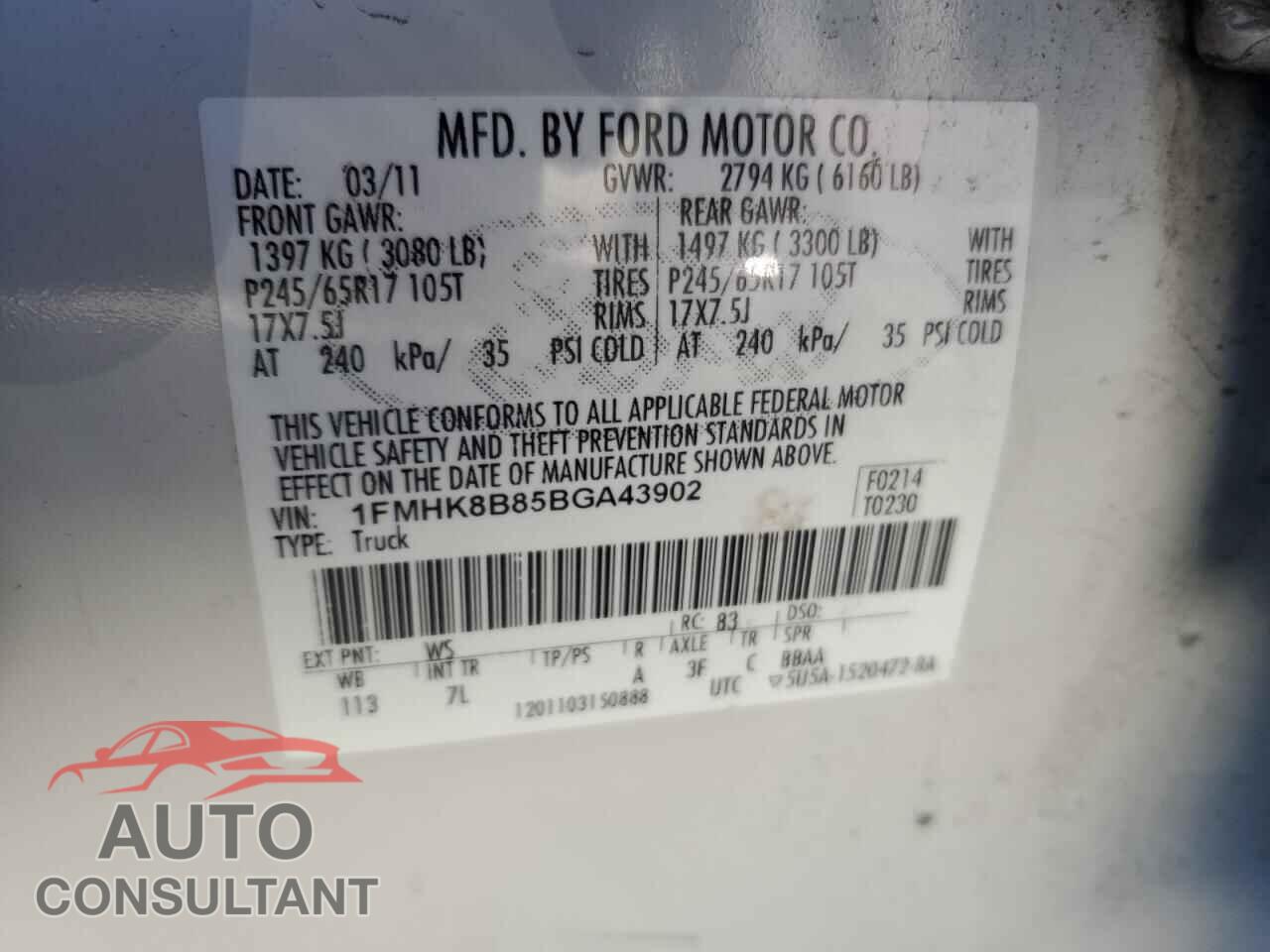 FORD EXPLORER 2011 - 1FMHK8B85BGA43902