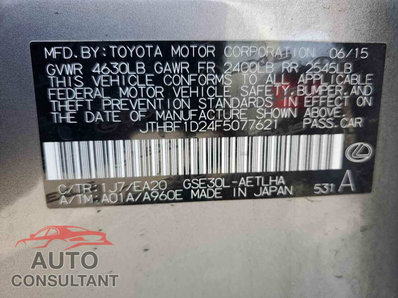 LEXUS IS 2015 - JTHBF1D24F5077621