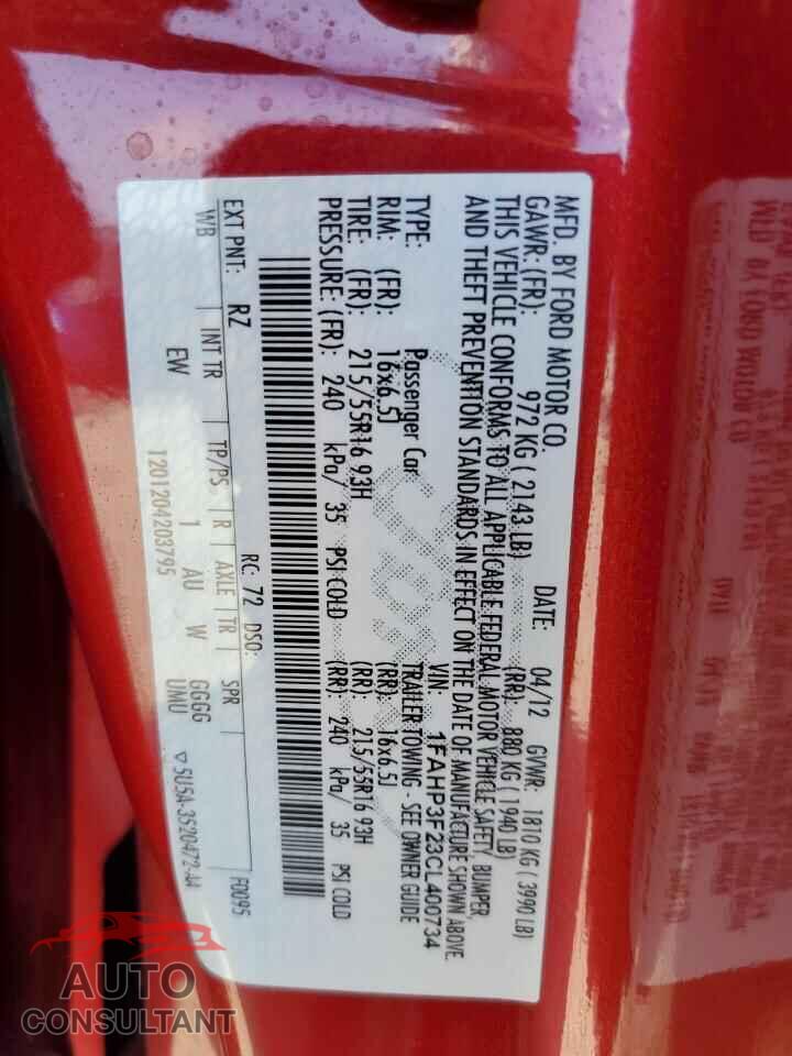 FORD FOCUS 2012 - 1FAHP3F23CL400734