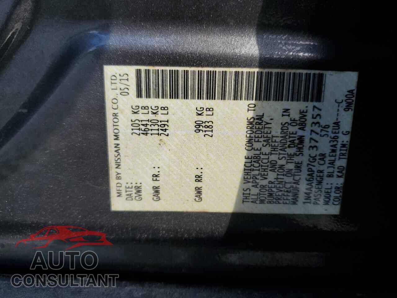 NISSAN MAXIMA 2016 - 1N4AA6AP7GC377357