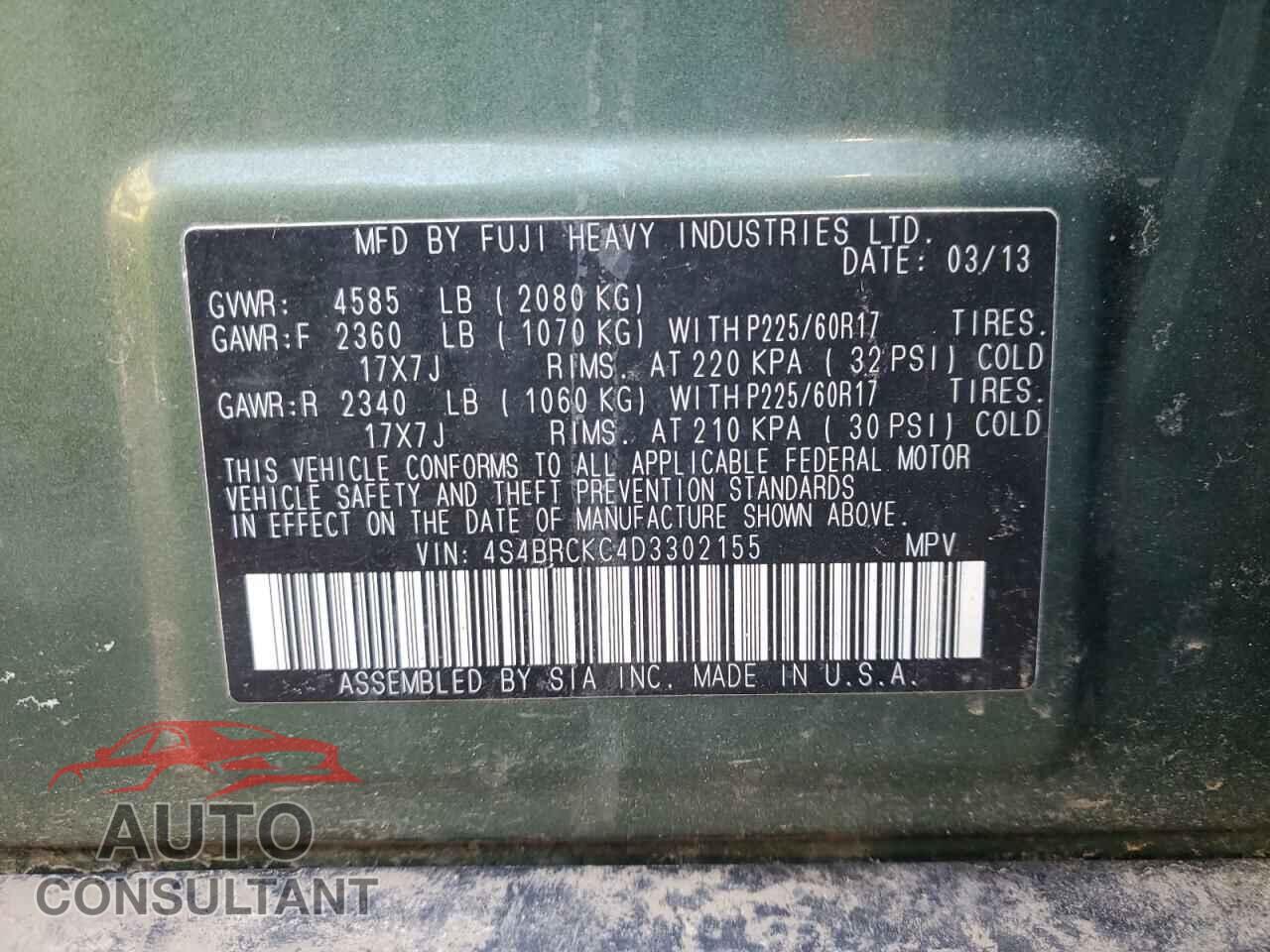 SUBARU OUTBACK 2013 - 4S4BRCKC4D3302155
