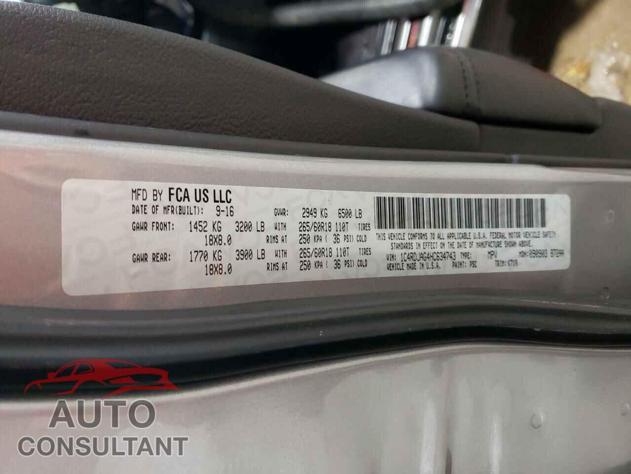 DODGE DURANGO 2017 - 1C4RDJAG4HC634743