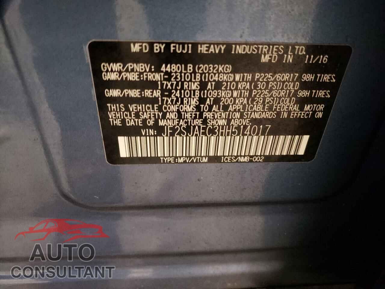 SUBARU FORESTER 2017 - JF2SJAEC3HH514017