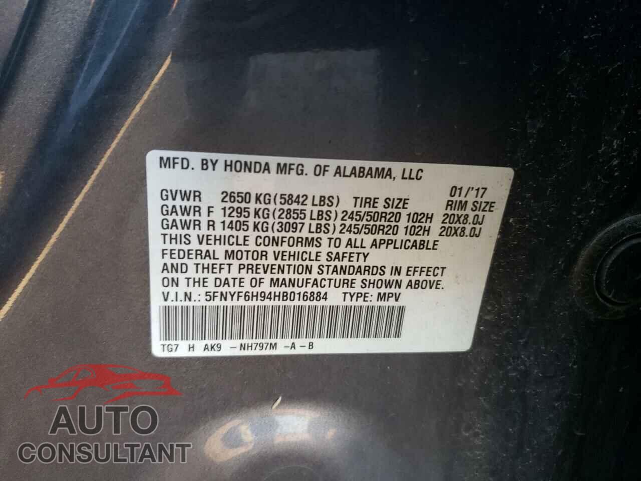 HONDA PILOT 2017 - 5FNYF6H94HB016884