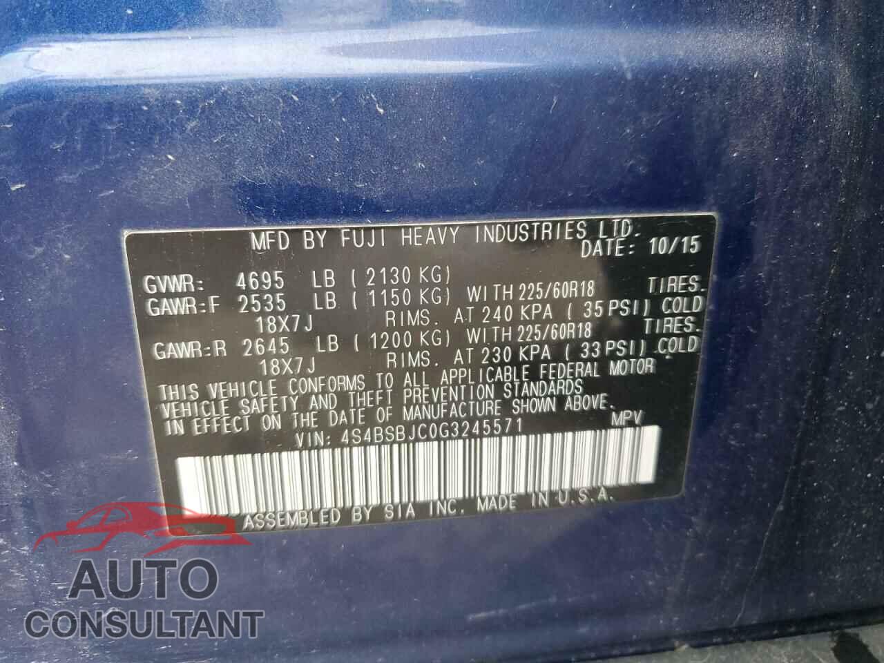 SUBARU OUTBACK 2016 - 4S4BSBJC0G3245571