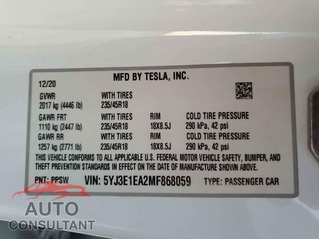 TESLA MODEL 3 2021 - 5YJ3E1EA2MF868059