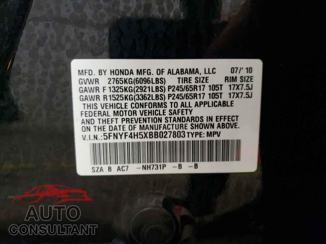 HONDA PILOT 2011 - 5FNYF4H5XBB027803