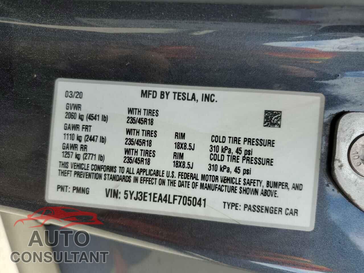 TESLA MODEL 3 2020 - 5YJ3E1EA4LF705041