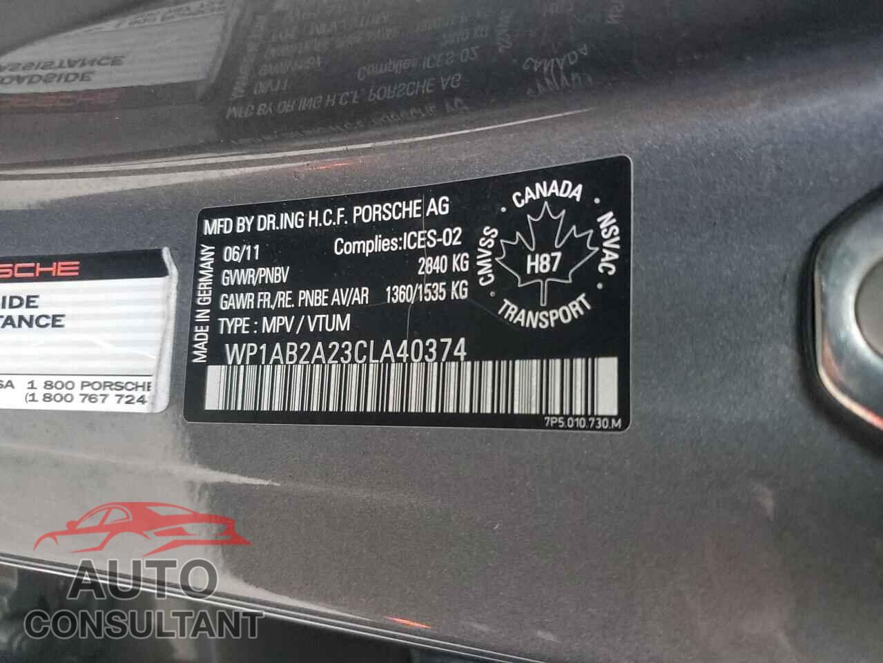 PORSCHE CAYENNE 2012 - WP1AB2A23CLA40374