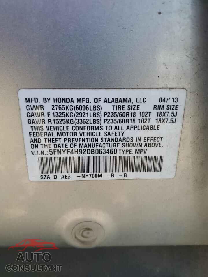 HONDA PILOT 2013 - 5FNYF4H92DB063460