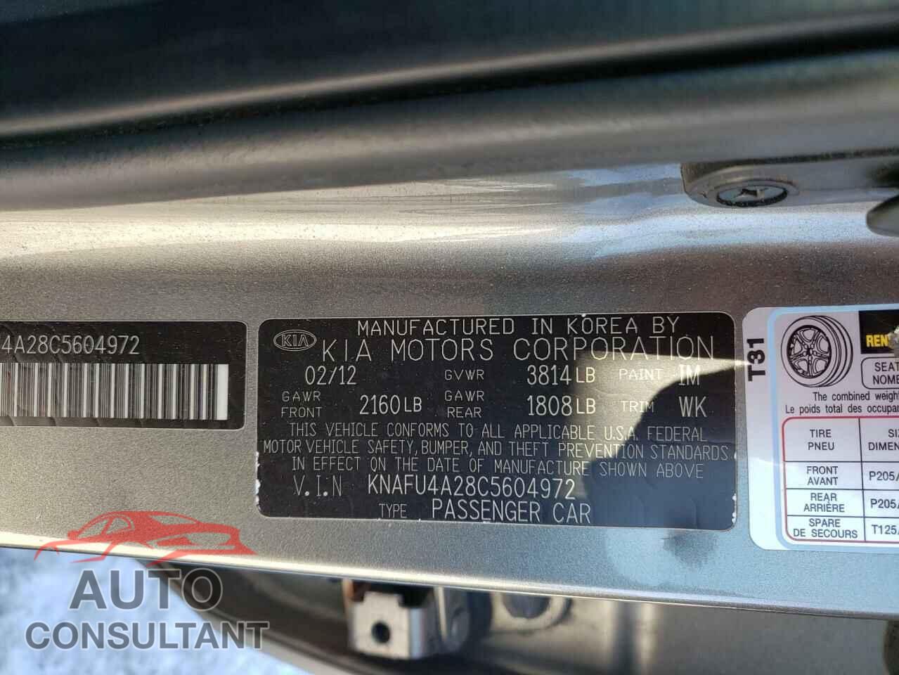 KIA FORTE 2012 - KNAFU4A28C5604972