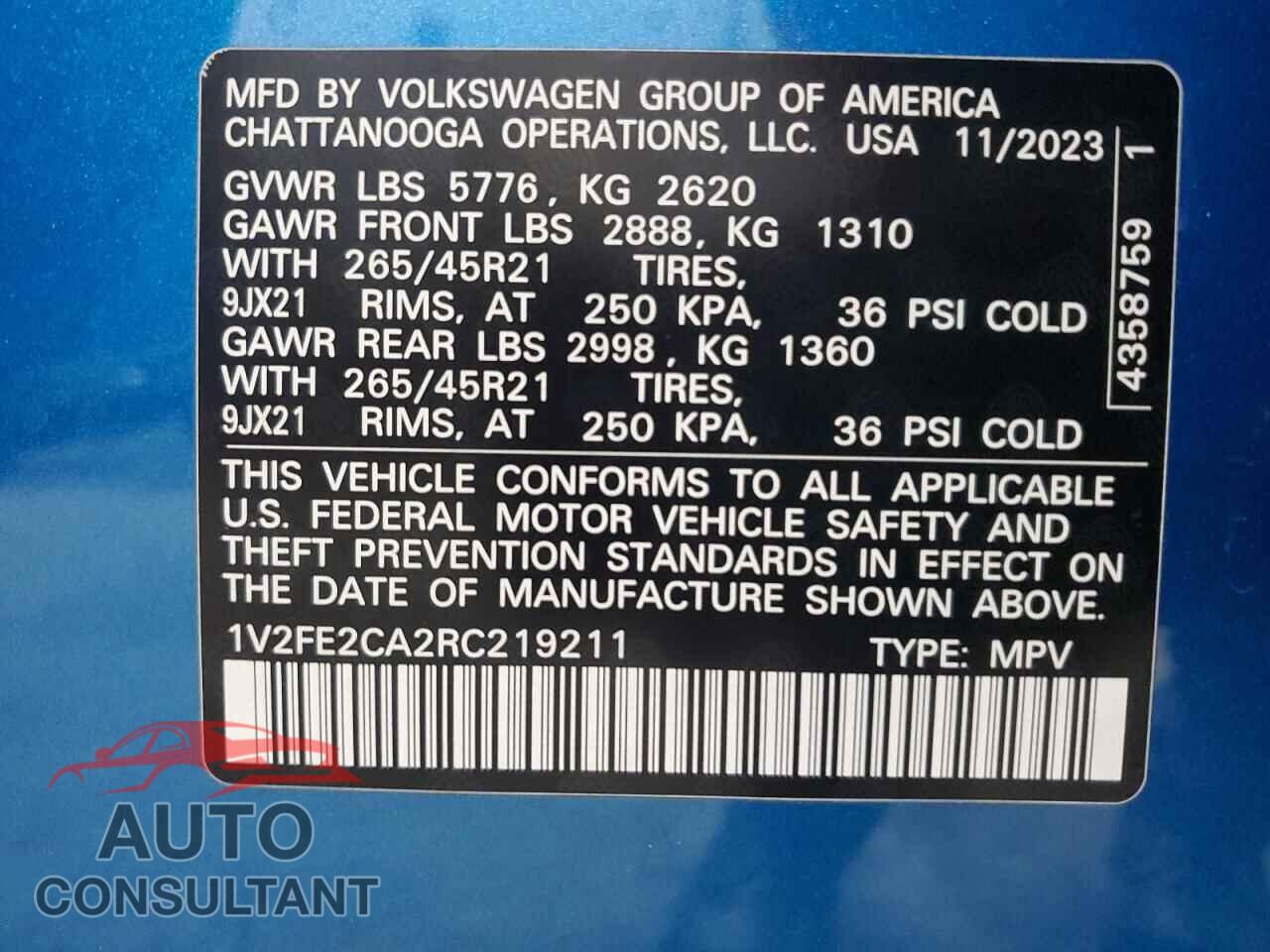 VOLKSWAGEN ATLAS 2024 - 1V2FE2CA2RC219211