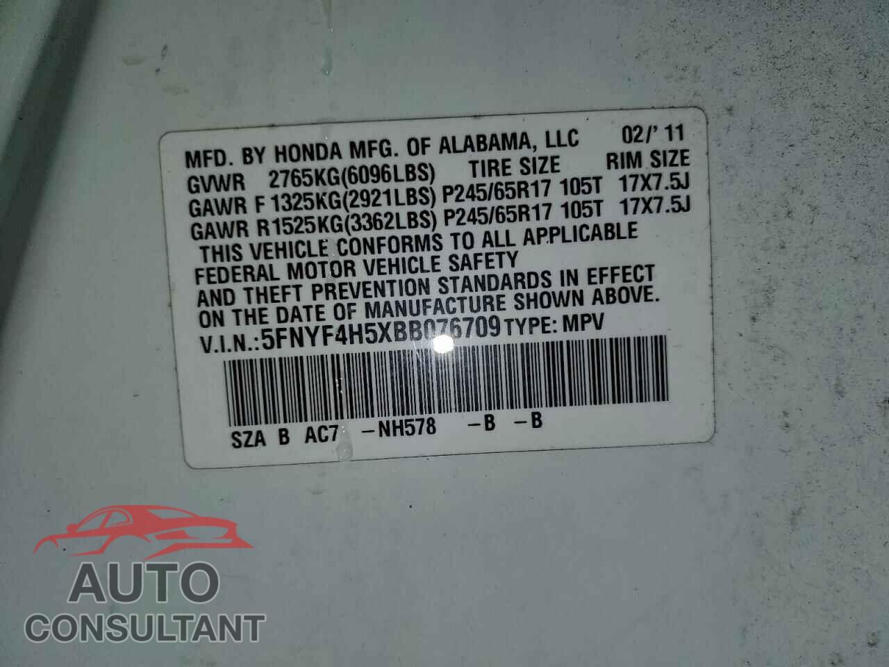 HONDA PILOT 2011 - 5FNYF4H5XBB076709