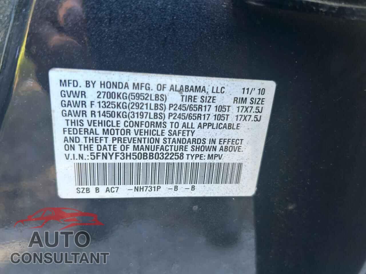HONDA PILOT 2011 - 5FNYF3H50BB032258