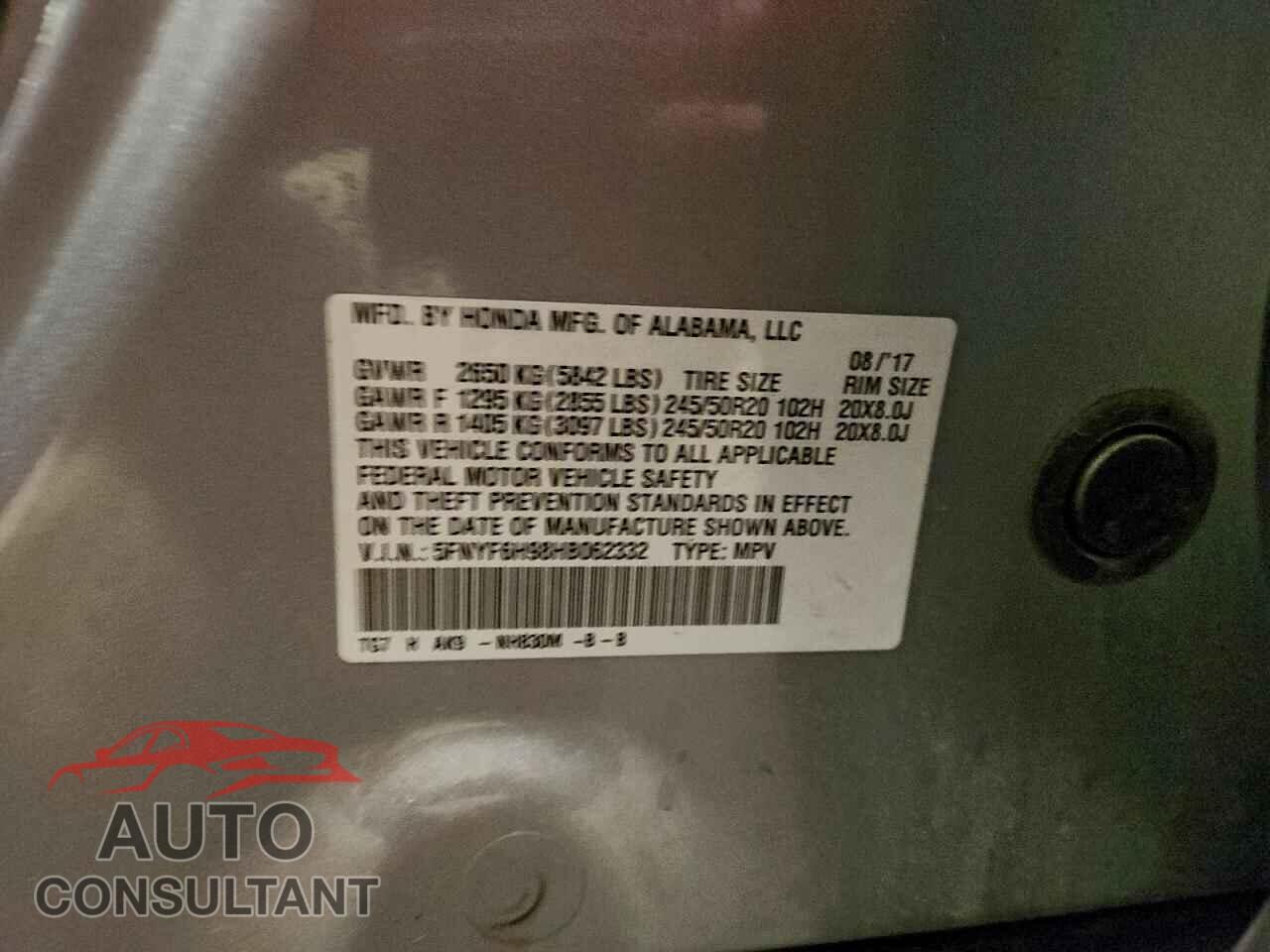 HONDA PILOT 2017 - 5FNYF6H98HB062332