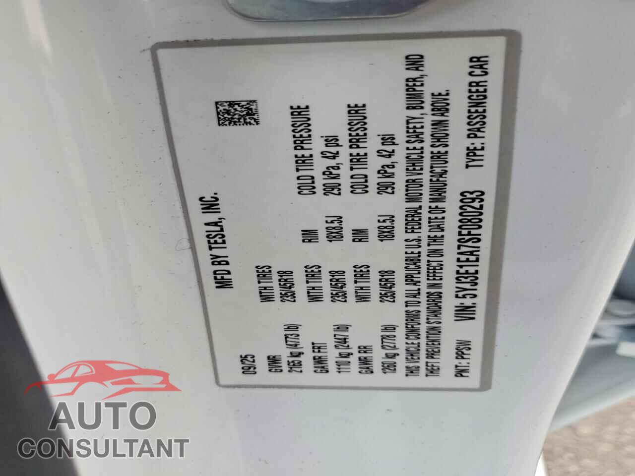 TESLA MODEL 3 2025 - 5YJ3E1EA7SF080293
