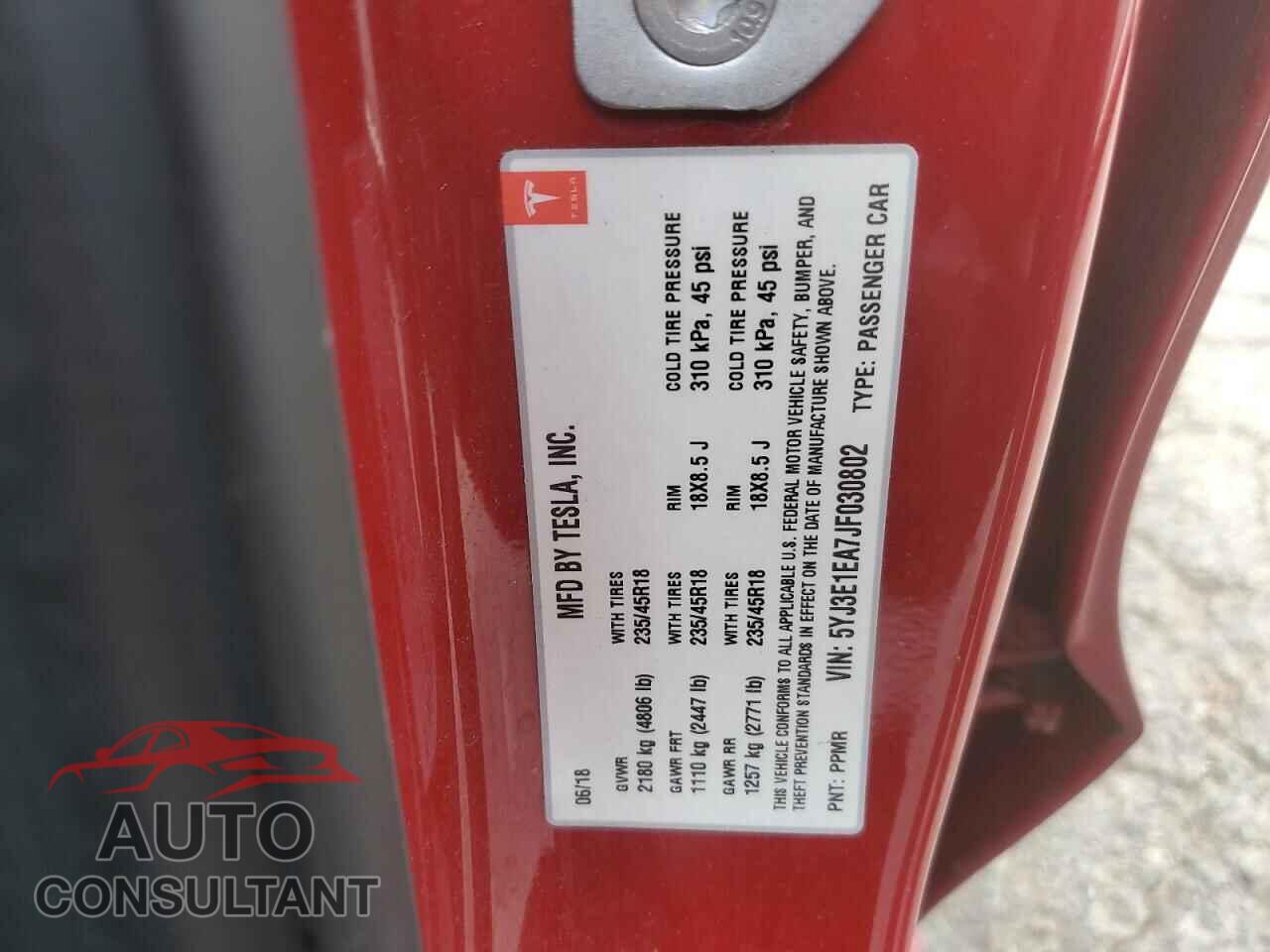 TESLA MODEL 3 2018 - 5YJ3E1EA7JF030802