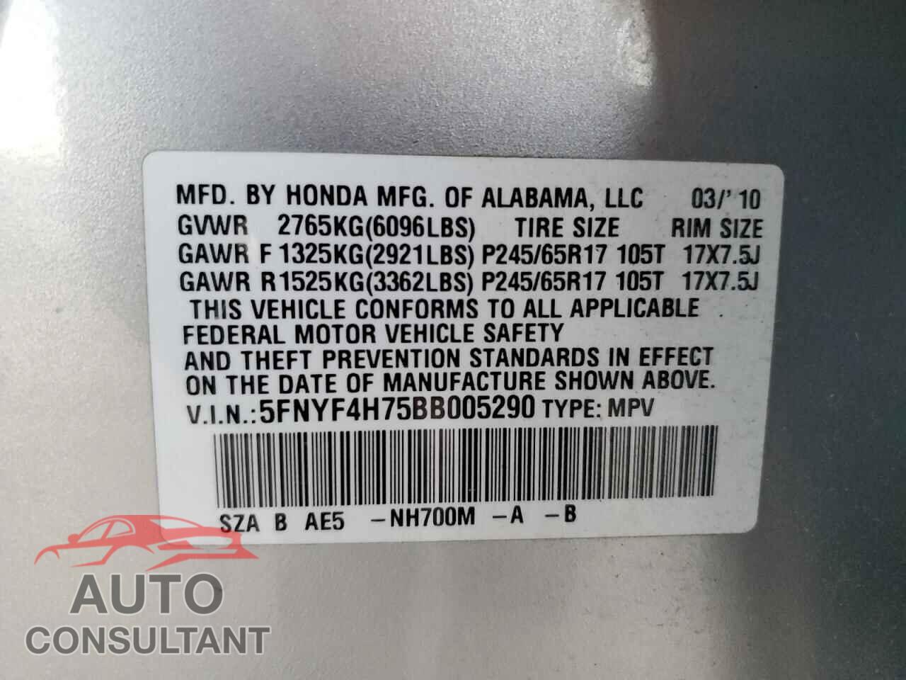 HONDA PILOT 2011 - 5FNYF4H75BB005290