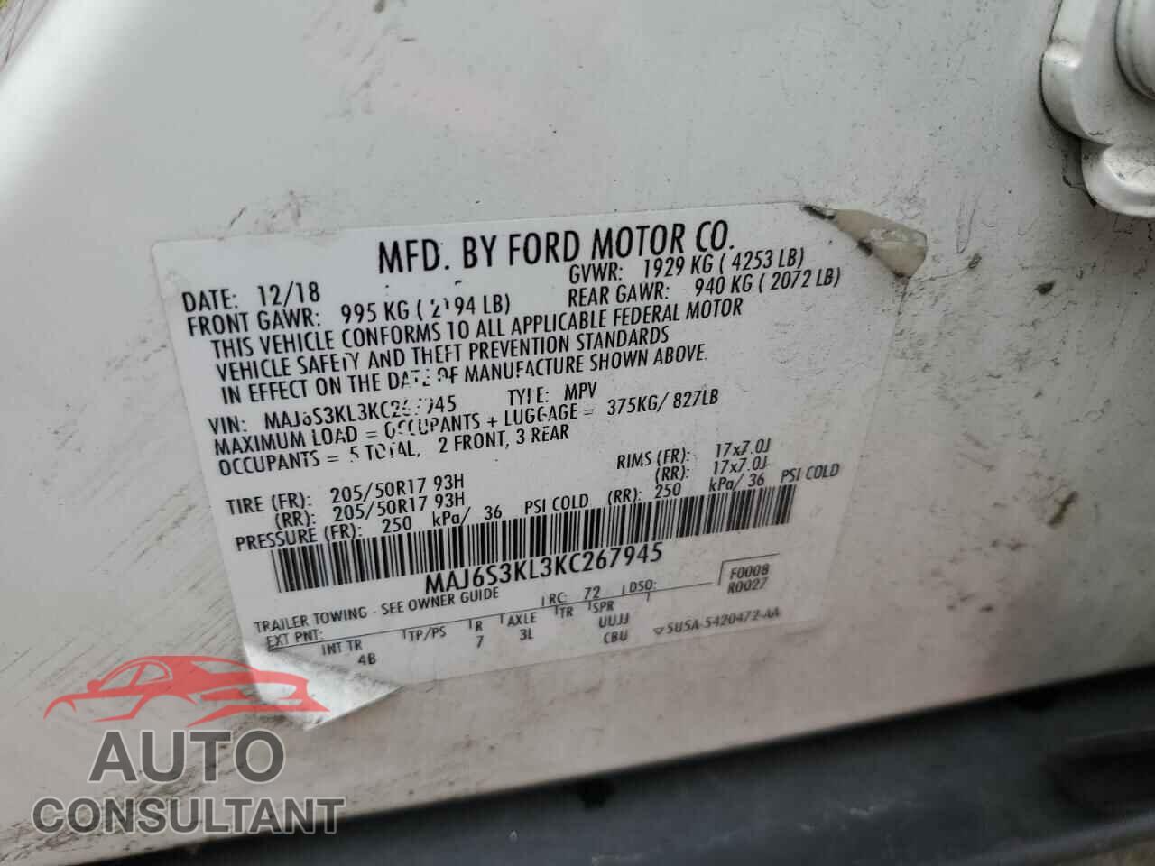 FORD ECOSPORT 2019 - MAJ6S3KL3KC267945