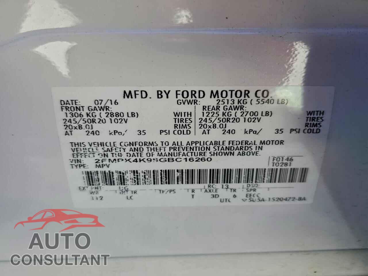 FORD EDGE 2016 - 2FMPK4K98GBC16260