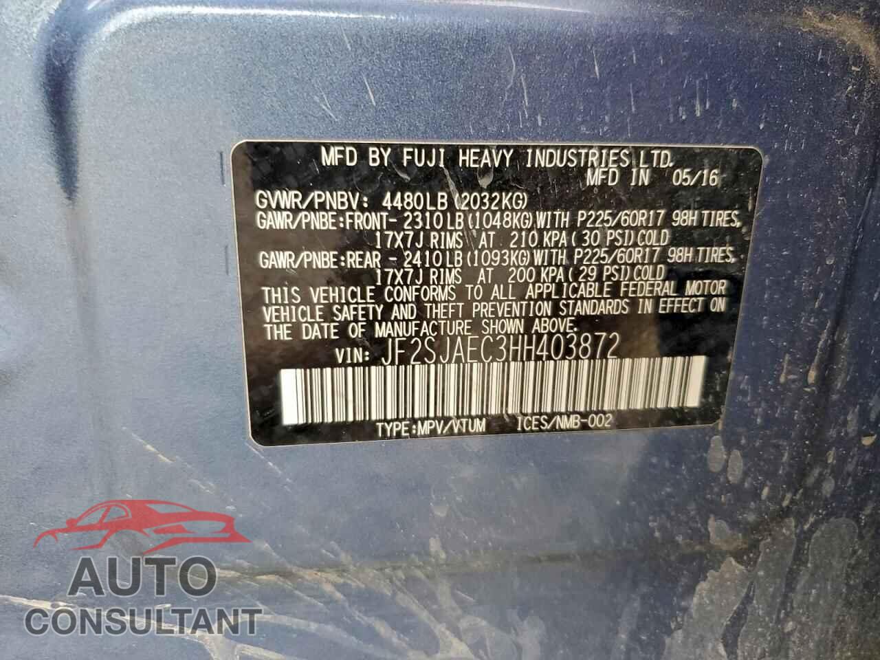 SUBARU FORESTER 2017 - JF2SJAEC3HH403872