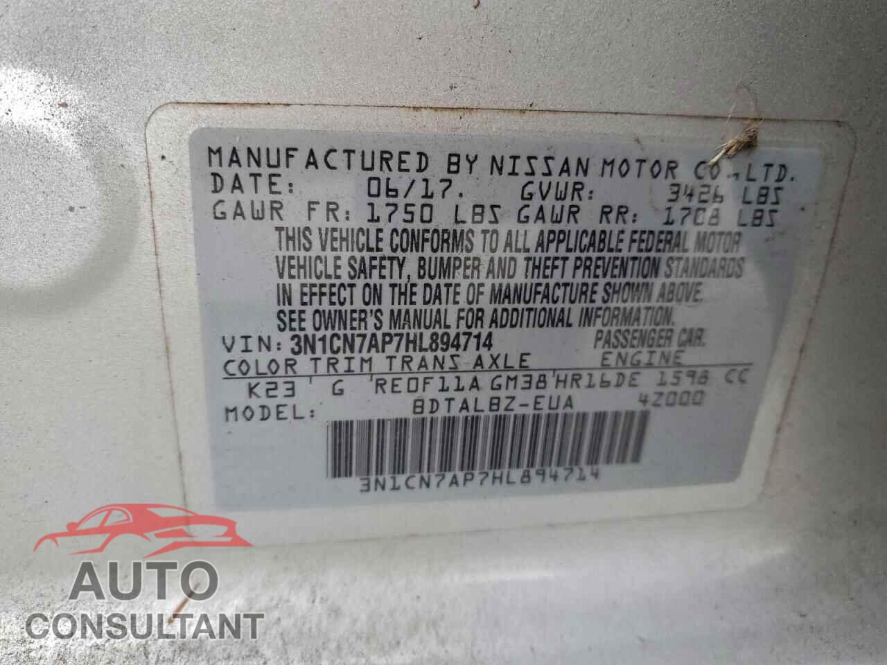 NISSAN VERSA 2017 - 3N1CN7AP7HL894714