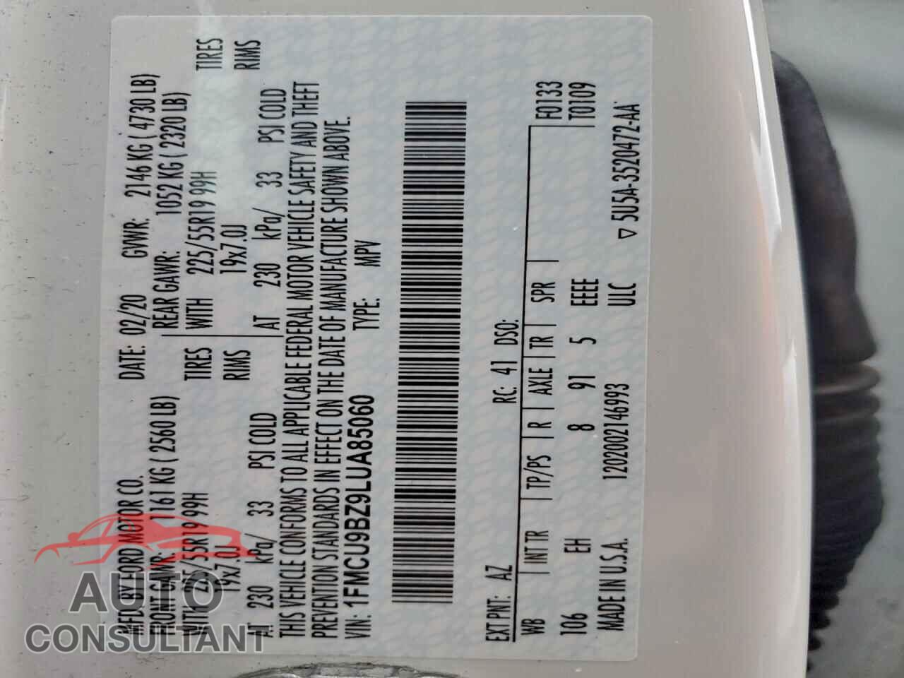 FORD ESCAPE 2020 - 1FMCU9BZ9LUA85060