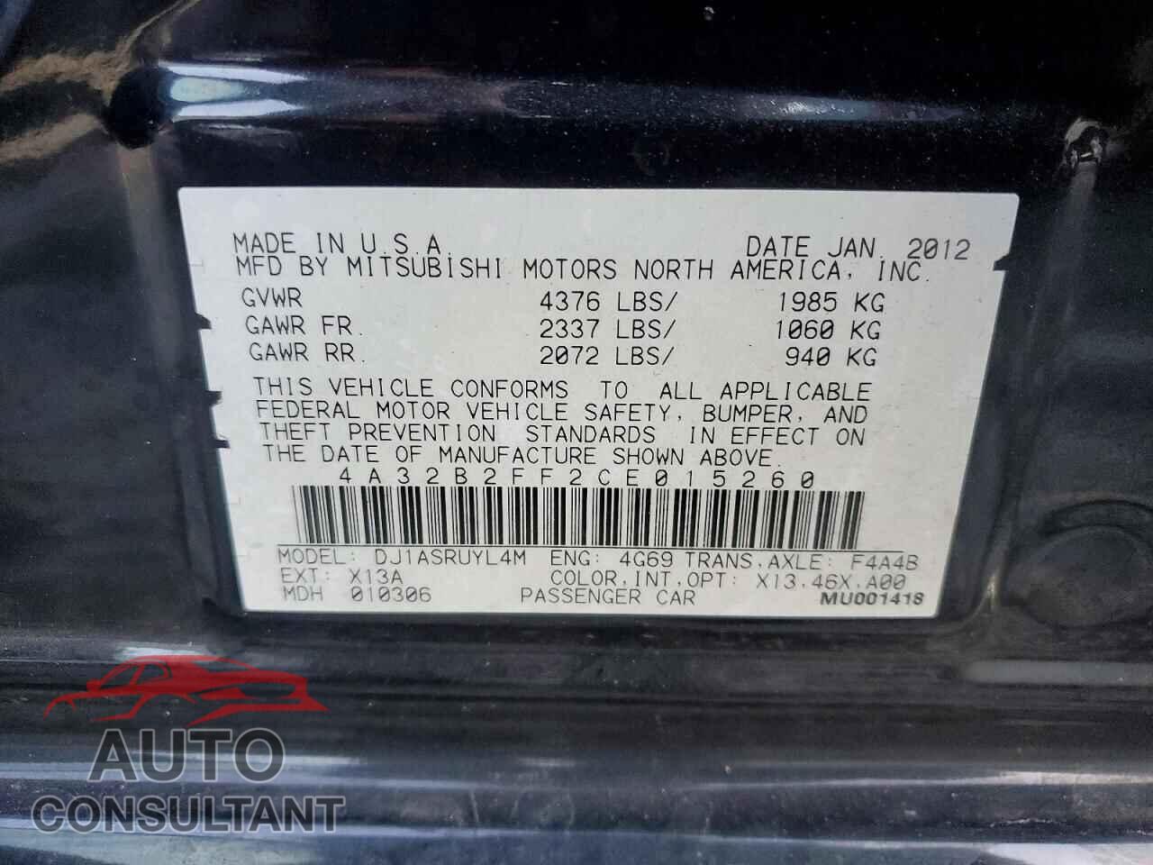 MITSUBISHI GALANT 2012 - 4A32B2FF2CE015260