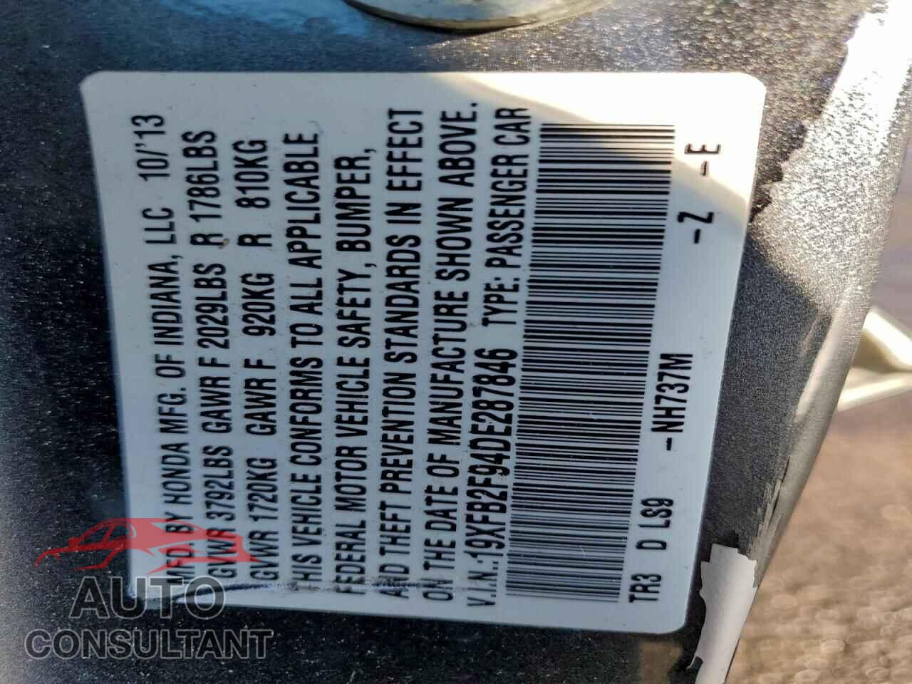 HONDA CIVIC 2013 - 19XFB2F94DE287846