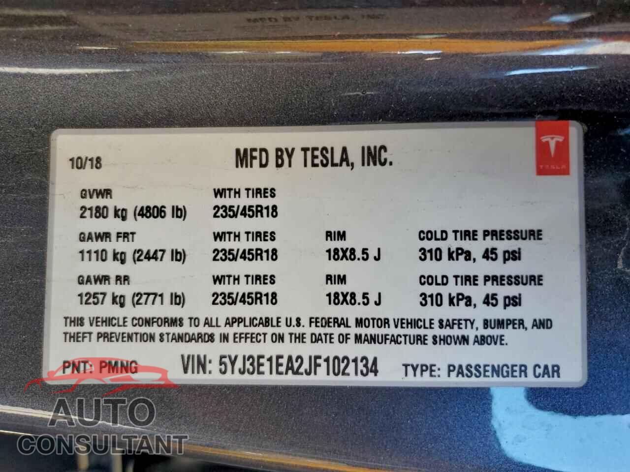 TESLA MODEL 3 2018 - 5YJ3E1EA2JF102134