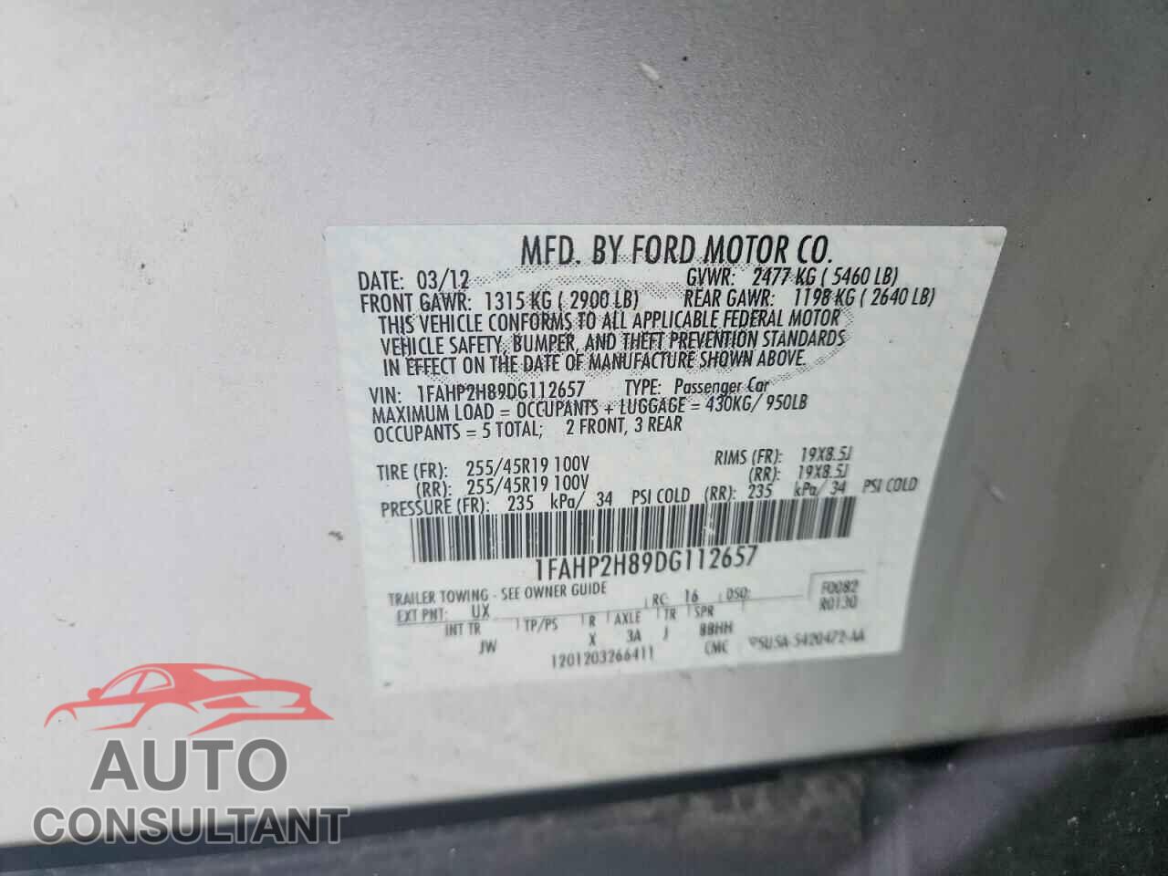 FORD TAURUS 2013 - 1FAHP2H89DG112657