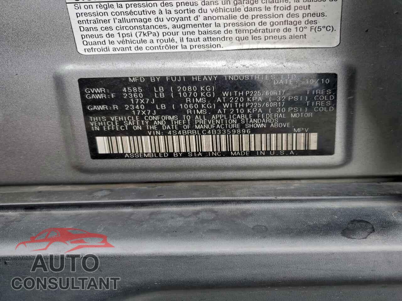 SUBARU OUTBACK 2011 - 4S4BRBLC4B3359896