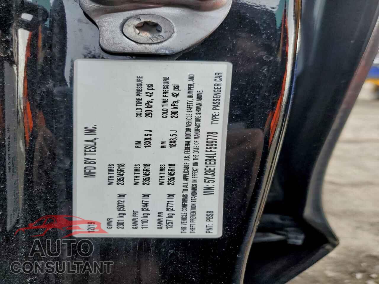 TESLA MODEL 3 2020 - 5YJ3E1EB4LF599778