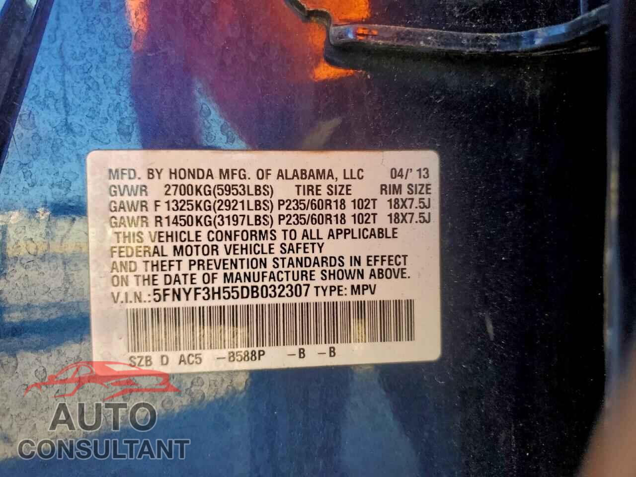 HONDA PILOT 2013 - 5FNYF3H55DB032307