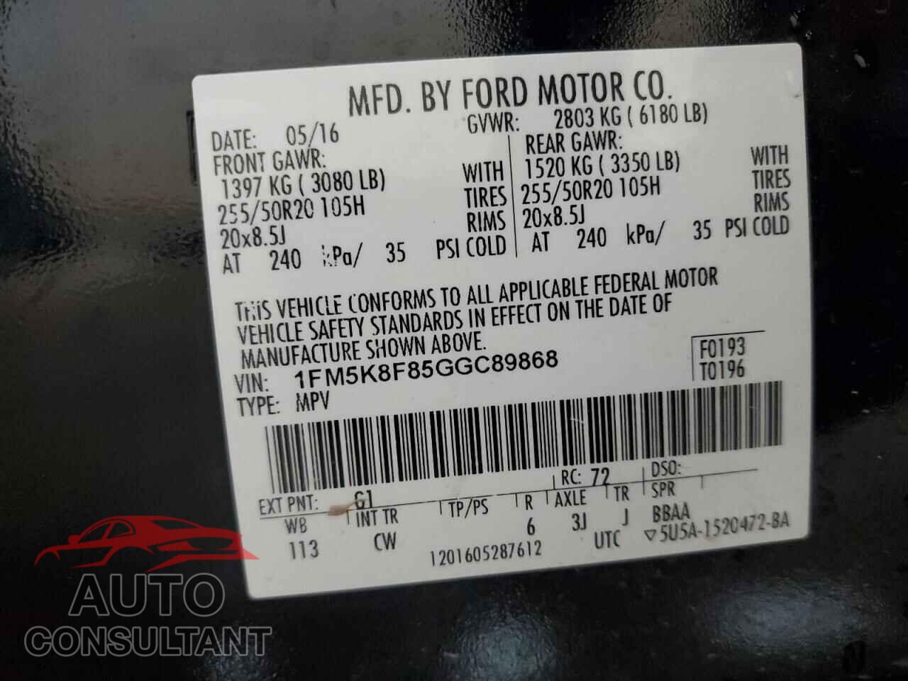FORD EXPLORER 2016 - 1FM5K8F85GGC89868