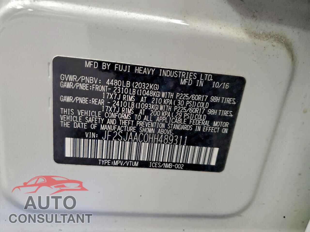 SUBARU FORESTER 2017 - JF2SJAAC0HH489311