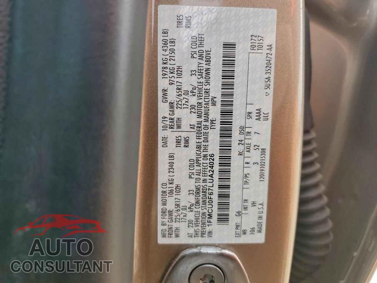 FORD ESCAPE 2020 - 1FMCU0F67LUA24026