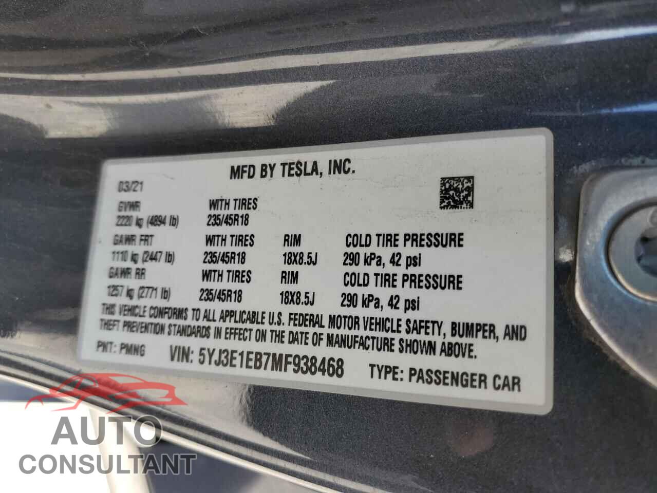 TESLA MODEL 3 2021 - 5YJ3E1EB7MF938468