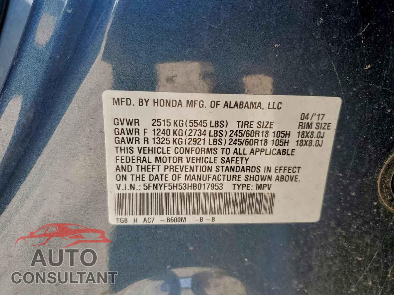 HONDA PILOT 2017 - 5FNYF5H53HB017953