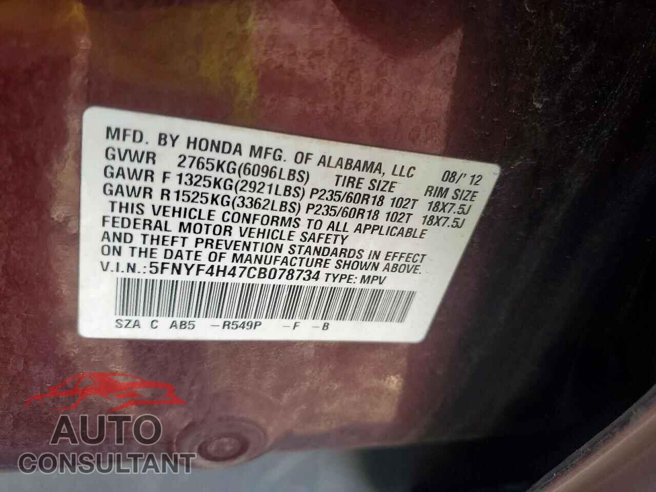 HONDA PILOT 2012 - 5FNYF4H47CB078734